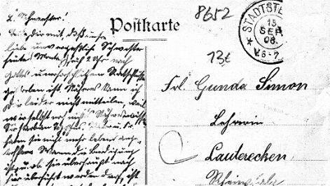 Diese Karte wurde am 15. September 1908 an Gunda Simon verschickt, dürfte aber schon um 1900 gedruckt worden sein. Über hundert Jahre lag sie in Berlin, nun kehrte sie - das Internet macht's möglich - zurück nach Stadtsteinach.