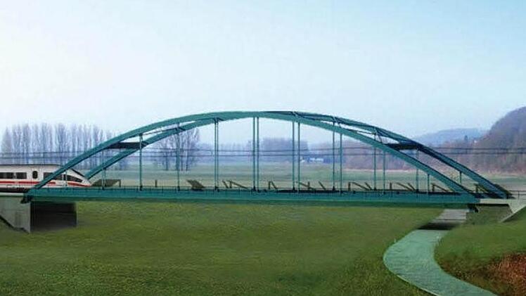 Wie in der Grafik der Deutschen Bahn zu sehen ist, soll das Bauwerk bei Wiesen den ICE mit rund 300 Stundenkilometern tragen können. In 18 Schwertransporten werden bald die ersten Einzelteile der Stabbogenbrücke über den Main angeliefert. Grafik: DB AG