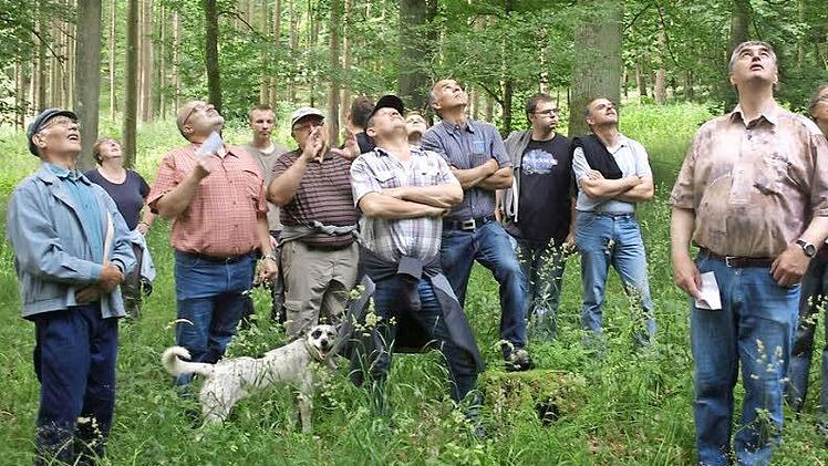 Beim Grenzgang um die Waldkörperschaft Wittighausen erklärten Bürgermeister Franz Kuhn (3.v. links) und 1. Vorsitzender Ernst Hofmann (2.v.r) den Teilnehmern Fragen zu Baumbestand, Forstbetrieb und Grenzverlauf. Foto: Stefan Geiger