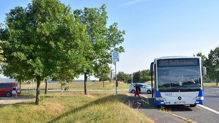 Die Busse der Linie 8113 halten auf ihrem Weg nach Bad Brückenau auch an der Lauterer Kreuzung. Für Schüler ist das eine Alternative zu den offiziellen Schulbuslinien, jedoch müssen sie von hier abgeholt werden. Auf dem Foto steigt gerade Anton Kleinhenz aus dem Bus aus, während Mutter und Schwester am Feldweg mit dem Auto auf ihn warten. Schon bald könnte hier ein Wetterschutzhäuschen stehen. Foto: Kathrin Kupka-Hahn