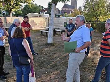 Die Sitzgruppen zwischen dem Wohnmobilstellplatz der Stadt Ebern und dem Fußweg, der vom Bahnhof zum Teegut-Kreisel führt, sollen entfernt werden, weil von dort Lärm zum Nachteil der Wohnmobilisten ausgehe, erläuterte Bürgermeister Jürgen Hennemann (vorne, Zweiter von rechts). Foto: Helmut Will