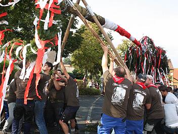 Gemeinsam packten die Burschen und Madla mit an. Der Baum stand innerhalb einer knappen Stunde. Foto: Sonja Werner