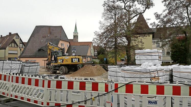 Der Hubmann-Parkplatz ist zu einem großen Teil Baustellenlager: Kein Platz für den Autoscooter.  Foto: Bernhard Panzer