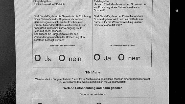 Bei der Abstimmung in Effeltrich können sich die Bürger sowohl gegen den Vorschlag der Bürgerinitiative (oben links), als auch gegen das Ratsbegehren (oben rechts) entscheiden. Für diesen Fall ist ein Kreuzchen bei der Stichfrage (unten) hilfreich.