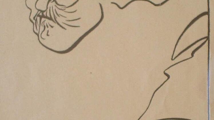 Felix Draeseke, Karikatur von Hans Lindloff (1908).