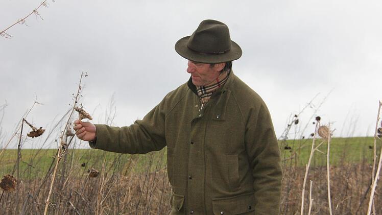 Hubertus Maximilian Freiherr von Künsberg nennt bei einer Feldbegehung gleich mehrere Gründe, weshalb er er für einen gezielten und verantwortungsvollen Einsatz von Glyphosat ist. Foto: Veronika Schadeck