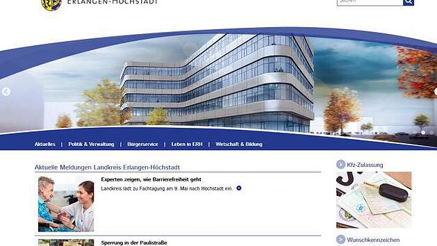 Ein Modell des neuen Landratsamts, ein &uuml;bersichtliches Men&uuml;, Neuigkeiten und wichtige Links: So pr&auml;sentiert sich auf den ersten Blick der neue Online-Auftritt des Landkreises Erlangen-H&ouml;chstadt. Screenshot: Landratsamt Erlangen-H&ouml;chstadt