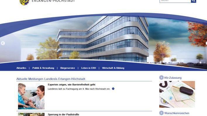 Ein Modell des neuen Landratsamts, ein übersichtliches Menü, Neuigkeiten und wichtige Links: So präsentiert sich auf den ersten Blick der neue Online-Auftritt des Landkreises Erlangen-Höchstadt. Screenshot: Landratsamt Erlangen-Höchstadt