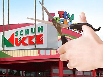 Die Schnüre, mit denen sich Rödental den beliebten Schuh-Riesen Mücke angeln will, würden die Neustadter Stadträte gern kappen. Allerdings hat das Wirtschaftsministerium das Vorhaben abgesegnet. Fotos: Archiv, imago, Fotomontage: Michael Beetz