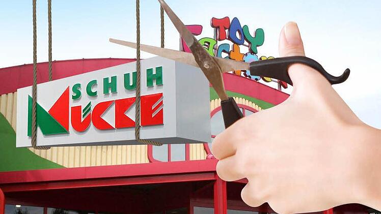 Die Schnüre, mit denen sich Rödental den beliebten Schuh-Riesen Mücke angeln will, würden die Neustadter Stadträte gern kappen. Allerdings hat das Wirtschaftsministerium das Vorhaben abgesegnet. Fotos: Archiv, imago, Fotomontage: Michael Beetz