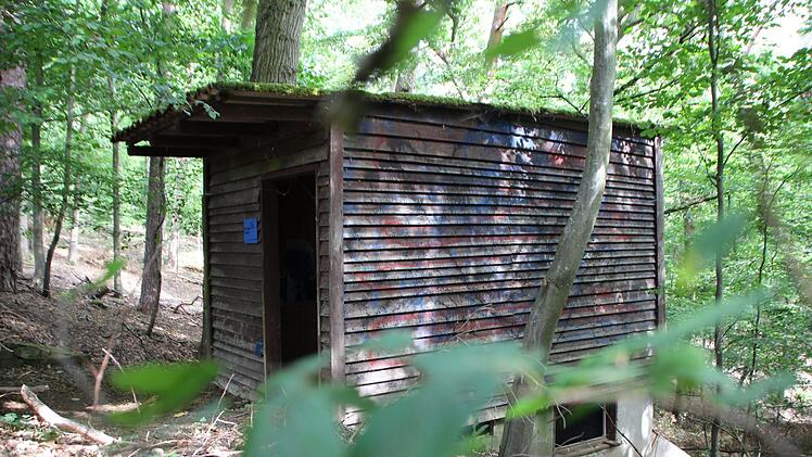 Die Schnitzeljagd führt in den Wald zwischen Uehlfeld und Vestenbergsgreuth. "The blue gallery": Der mysteriöse Künstler hat sich dort offenbar schon vor einem Jahr ein weiteres, verstecktes "Atelier" in einer verlassenen Hütte  eingerichtet. Foto: Christian Bauriedel