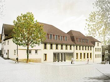 So soll das neue Euerdorfer Rathaus, in das auch ein Verwaltungstrakt der VG integriert ist, nach der vorläufigen Entwurfsplanung aussehen. Der Markt will außerdem flankierend auch eine Ortsbefragung zur künftigen Verkehrsplanung einleiten.  Repro: Winfried Ehling/Planungsbüro