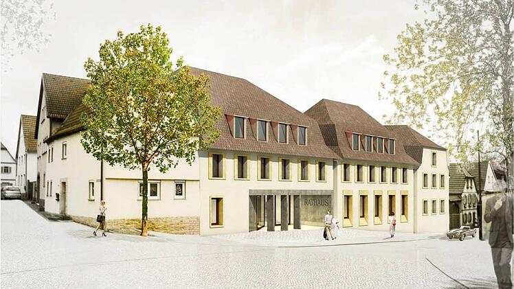 So soll das neue Euerdorfer Rathaus, in das auch ein Verwaltungstrakt der VG integriert ist, nach der vorläufigen Entwurfsplanung aussehen. Der Markt will außerdem flankierend auch eine Ortsbefragung zur künftigen Verkehrsplanung einleiten.  Repro: Winfried Ehling/Planungsbüro
