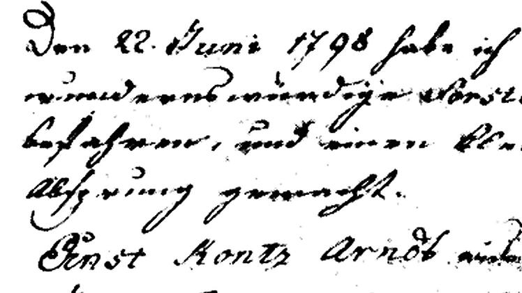 Originaleintrag Ernst Moritz Arndts im Gästebuch des Gasthofes "Rotes Roß" in Waischenfeld. Der Eintrag lautet: "Den 22. Juni 1798 habe ich die bewundernswürdige Förster-Höhle befahren und einen kleinen Absprung gemacht. Ernst Moritz Arndt aus der Insel Rügen in der Ostsee." Mit "kleinen Absprung gemacht", meint er, dass er von einer Leiter in der Höhle gefallen ist.Reinhard Löwisch