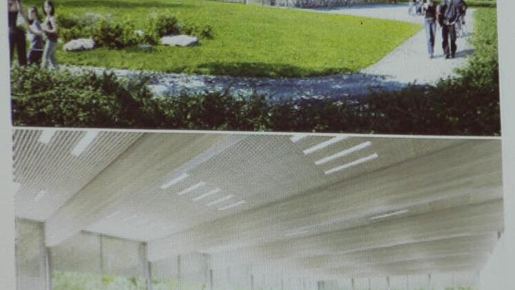 So könnte das neue Hallenbad einmal von außen und innen aussehen. Diese Computer-Animation zeigte Architekt Peter Kuhn am Donnerstagabend im Stadtrat. Foto: Ralf Kestel