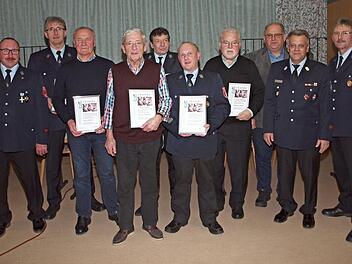 Ehrung langjähriger verdienter Mitglieder bei der Feuerwehr Trieb (von links): 2. Vorsitzender Achim Wörner, Friedrich Schratz, Hans Hümmer, Werner Schuberth, Lutz Hoffmann, Thomas Rußwurm, Wolfgang Jakob, Feuerwehrreferent Otto Dinkel, Kreisbrandmeister Thomas Hofmann und Vorsitzender Johann Schratz Foto: Alfred Thieret