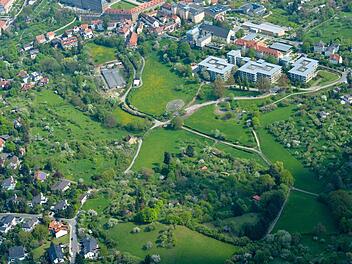 Das malerische Bild des Ottobrunnens: Eine Erschließung der Klinikgebäude (rechts oben) über die Frutolfstraße würde das Tal überqueren. Ein Parkhaus im Michelsberg setzt eine Rolltreppe in der Nähe des Terrassengartens voraus (links oben im Bild).  Foto: Ronald Rinklef