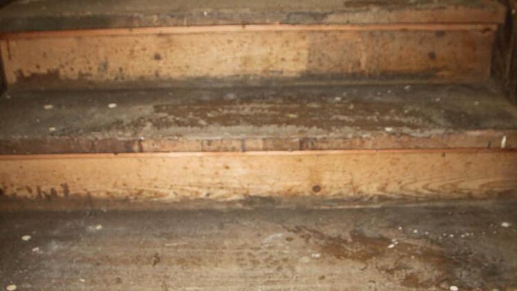 Eine hölzerne Treppe führt hinauf zur Ausstellung.