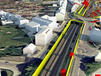 Wenn der Tunnel kurz nach der Geisfelder Straße abtaucht, müssen zwei Unterführungen in eine Brücke umgewandelt werden. Aus einer 3-D-Visualisierung der Stadt Bamberg