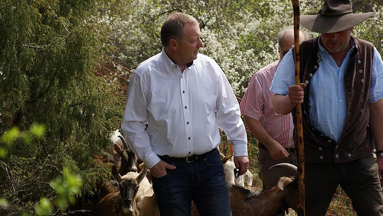 Landrat Thomas Bold (links) und Schäfer Dietmar Weckbach begleiten die Ziegen auf den Hang des Brachbergs. Foto: Guzy