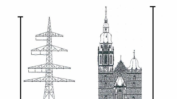 Genauso breit und auch ungefähr so hoch wie die Coburger Morizkirche: die sogenannten Donaumasten, die für die 380-kV-Leitung errichtet werden müssten.  Grafik: Stadt Coburg