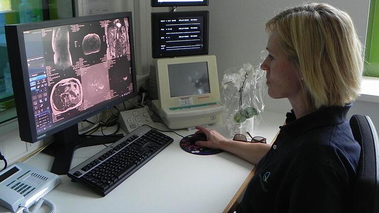 Der Arbeitsplatz zum MRT. Am Bildschirm werden die Schichtaufnahmen sichtbar und von hier aus wird auch der Patient &uuml;berwacht.