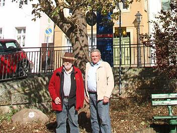 Beim letzten Heimatabend, der noch im Vereinshaus in Kulmbach stattgefunden hat, wurde ein kleiner Ahornbaum gespendet. Das Bäumchen ist mittlerweile am Röhrenplatz zu einem prachtvollen Baum herangewachsen, freuen sich Gerhard Frankenberger und Gerhard Ködel. Foto: Sonja Adam