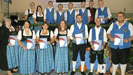 Für bis zu 25 Jahre aktives Musizieren wurden vom Kreisvorsitzenden des Nordbayerischen Musikbundes, Peter Detsch (hinten, Zweiter von rechts), diese Musikerinnen und Musiker aus Limbach ausgezeichnet.
