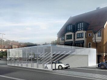 Kein Vergleich mit dem ursprünglich geplanten Betonkoloss: Durch eine Glas-Stahl-Konstruktion soll die Zu- und Abfahrt der Tiefgarage an der Ecke Sutte/Webergasse aufgewertet werden. Grafik: Architekturbüro H2M