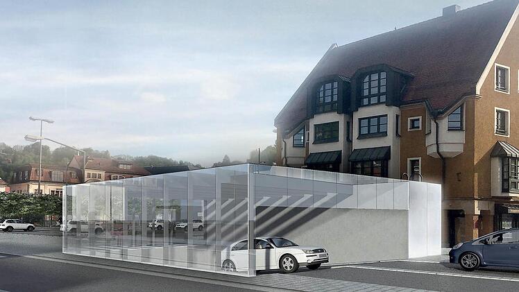 Kein Vergleich mit dem ursprünglich geplanten Betonkoloss: Durch eine Glas-Stahl-Konstruktion soll die Zu- und Abfahrt der Tiefgarage an der Ecke Sutte/Webergasse aufgewertet werden. Grafik: Architekturbüro H2M