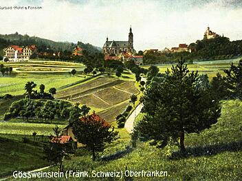 Postkarte von 1906, links das neue Gößweinsteiner Kurbad "Faust" mit aufwendiger Außenanlage Repro: löw