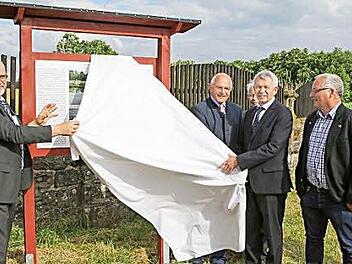 Bei der Preisverleihung wurde eine Tafel enthüllt, die auf die Geschichte des Figurenweihers hinweist. Im Bild von links: Peter Thoma, Vorsitzender der Teichgenossenschaft Oberfranken, Bezirkstagspräsident Günther Denzler, Landrat Johann Kalb und Christoph Oberle, Eigentümer und Bewirtschafter des Teiches.  Foto: Riegerpress