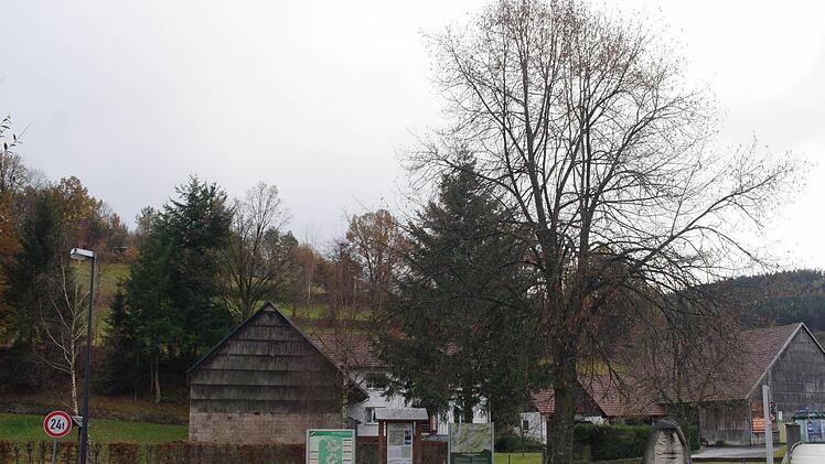 Nicht zur bei schlechtem Wetter sei beispielswiese der Bereich um die Linde wenig einladend. Diesen zu einem neuen Dorfmittel- und -treffpunkt zu gestalten, wäre denkbar. Rechts ist der Gedenkstein an die 700-Jahr-Feier zu sehen.  Foto: Stephanie Elm