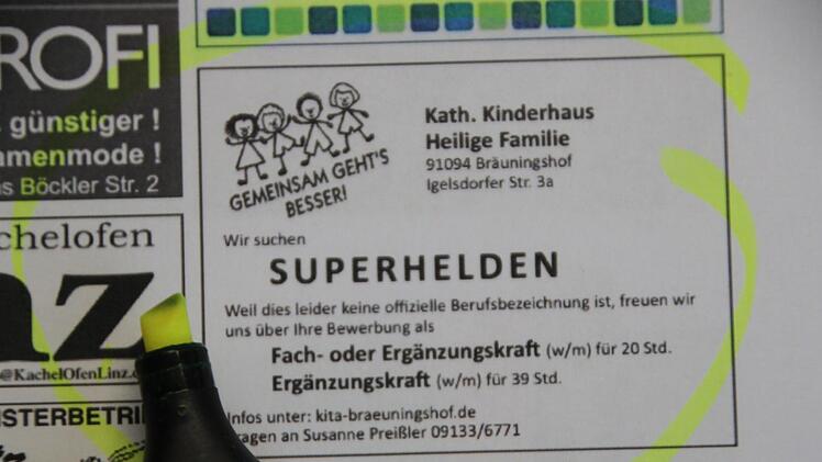 Superhelden gesucht! - Das katholische Kinderhaus in Bräuningshof zeigt Humor bei ihrer Zeitungsanzeige auf der Suche nach Fachkräften. Foto: Ronald Heck