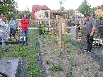 In Fuchsstadts Friedhof wird ein Platz für ein neues Urnenfeld gesucht. Kreisfachberater Dieter Büttner (rechts) und Bürgermeister René Gerner (links) könnten sich den freigestellten Platz in der Mitte dafür vorstellen.