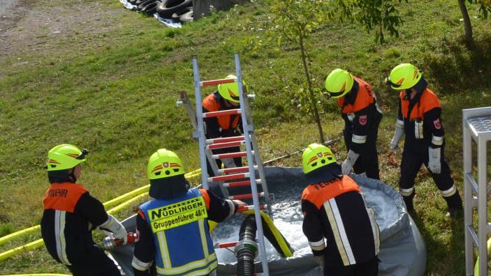 90 neue Feuerwehrhelme bekamen die Kameraden von Nüdlingen und Haard. Ihre erste Bewährungsprobe hatten sie bei einer Großübung beim Brand eines Aussiedlerhofes in der Haardstraße. Foto: Peter Rauch