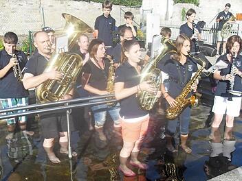 Die Aufgabe erfüllt: Die Blaskapelle Ebenhausen erfüllte die Kriterien der Cold-Water-Challenge und spielte im Tretbecken unterhalb des Schlosses auf.  Foto: Stefan Geiger