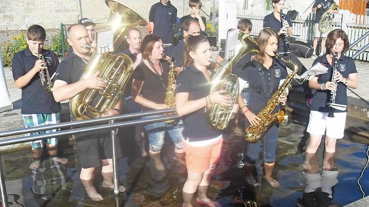 Die Aufgabe erfüllt: Die Blaskapelle Ebenhausen erfüllte die Kriterien der Cold-Water-Challenge und spielte im Tretbecken unterhalb des Schlosses auf.  Foto: Stefan Geiger