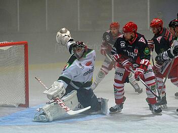 Glück gehabt: Miesbachs Daniel Hilpert (Nummer 97) setzt den Puck nach einem abgeprallten Distanzschuss knapp neben das Gehäuse. Alligators-Goalie Carsten Metz wäre chancenlos gewesen. Fotos: Picturedreams