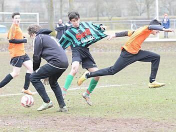 Ziehen und zupacken: Unsere ungewöhnliche Szene zeigt die Hammelburger Nico Oswald (links), Keeper Immanuel Giesewetter und Rojan Klauer (rechts) sowie den Stangenrother Ramesh Bashkaran. Foto: ssp