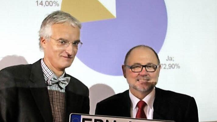 Das Ergebnis einer Befragung, die zwei Studentinnen der Hochschule Heilbronn auf dem Eberner Marktplatz durchgeführt hatten, präsentierten Prof. Ralf Borchert und Bürgermeister Robert Herrmann zusammen mit einem denkbaren Kennzeichen Ende vergangenen Jahres. Fast 73 Prozent der Teilnehmer sprachen sich für eine Rückkehr von EBN aus, 14 Prozent dagegen. Archivfoto: Ralf Kestel