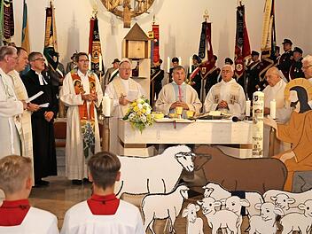 Beim Festgottesdienst (v. l.): Bernhard Simon, Markus Bolowich, Ulrich Böhm, Josef Pingold, Josef Zerndl, Hans Schieber, Wolfgang Kuntze, Herbert Hautmann Foto: Franz Galster
