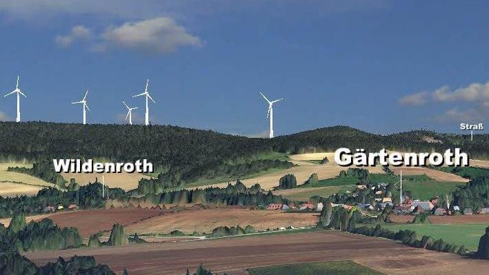 Die fünf 200-Meter-Rotoren im Windpark Hain bei Küps sind vom Landratsamt Kronach jetzt genehmigt worden. Grafik: privat