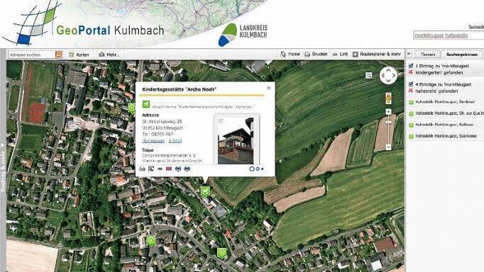 Praktische Anwendung des Geo-Portals: Wir wollen wissen, ob es in Marktleugast einen Kindergarten gibt und erhalten einen Lageplan der Kita "Arche Noah". Beim Klick aufs Symbol gibt es alle Infos zur Einrichtung.