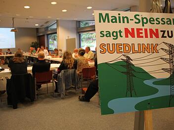Während die unterfränkischen Bürgerinitiativen den Info-Abend boykottierten, brachten einige hessische Vertreter ihre Schilder nach Bad Brückenau mit. Foto: Ulrike Müller