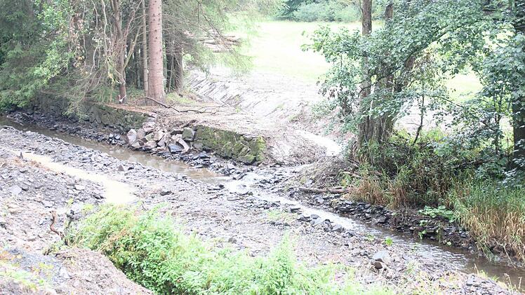 Der Kremnitzfluss wird umgeleitet. Das Wasser fließt von einem extra angelegten Graben zwischen den Bäumen wieder ins Flussbett zurück.  Foto: Friedwald Schedel