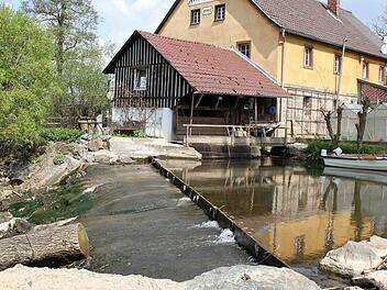 Idylle hinterm Wehr: Hartmut Kolb nutzt mit seiner Frischenmühle den Arm des Roten Mains zur Stromgewinnung. Im Turbinenhaus tut eine Maschine Dienst, die Kolb vor 17 Jahren am Bodensee erwarb. Fotos: Jochen Nützel/Katrin Geyer