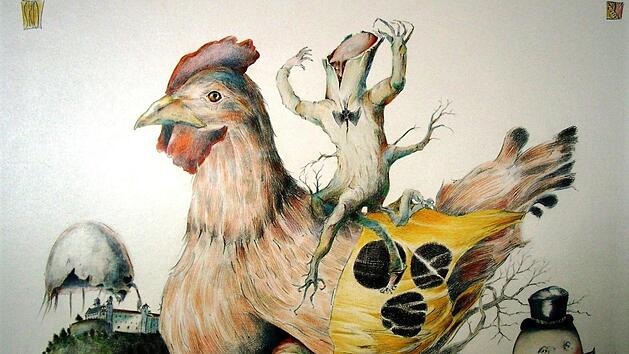 Satirisches Blatt von Stephan Klenner-Otto über Kulmbach: Wer ist wohl mit dem blinden Huhn gemeint, das die Eierschale über die Plassenburg stülpt?