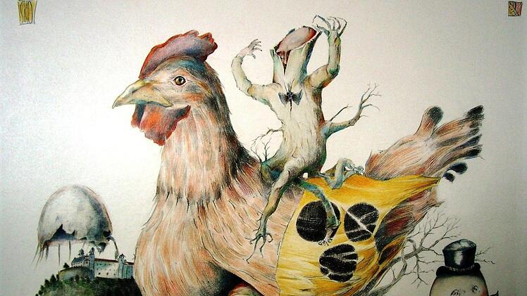 Satirisches Blatt von Stephan Klenner-Otto über Kulmbach: Wer ist wohl mit dem blinden Huhn gemeint, das die Eierschale über die Plassenburg stülpt?