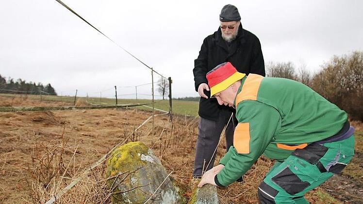 Vor knapp einem Jahr begutachteten Kreisheimatpfleger Harald Stark (stehend) und Helmut Popp das alte Flurkreuz bei Pinsenhof, mittlerweile wurde es restauriert.  Foto: Archiv/Stephan Tiroch